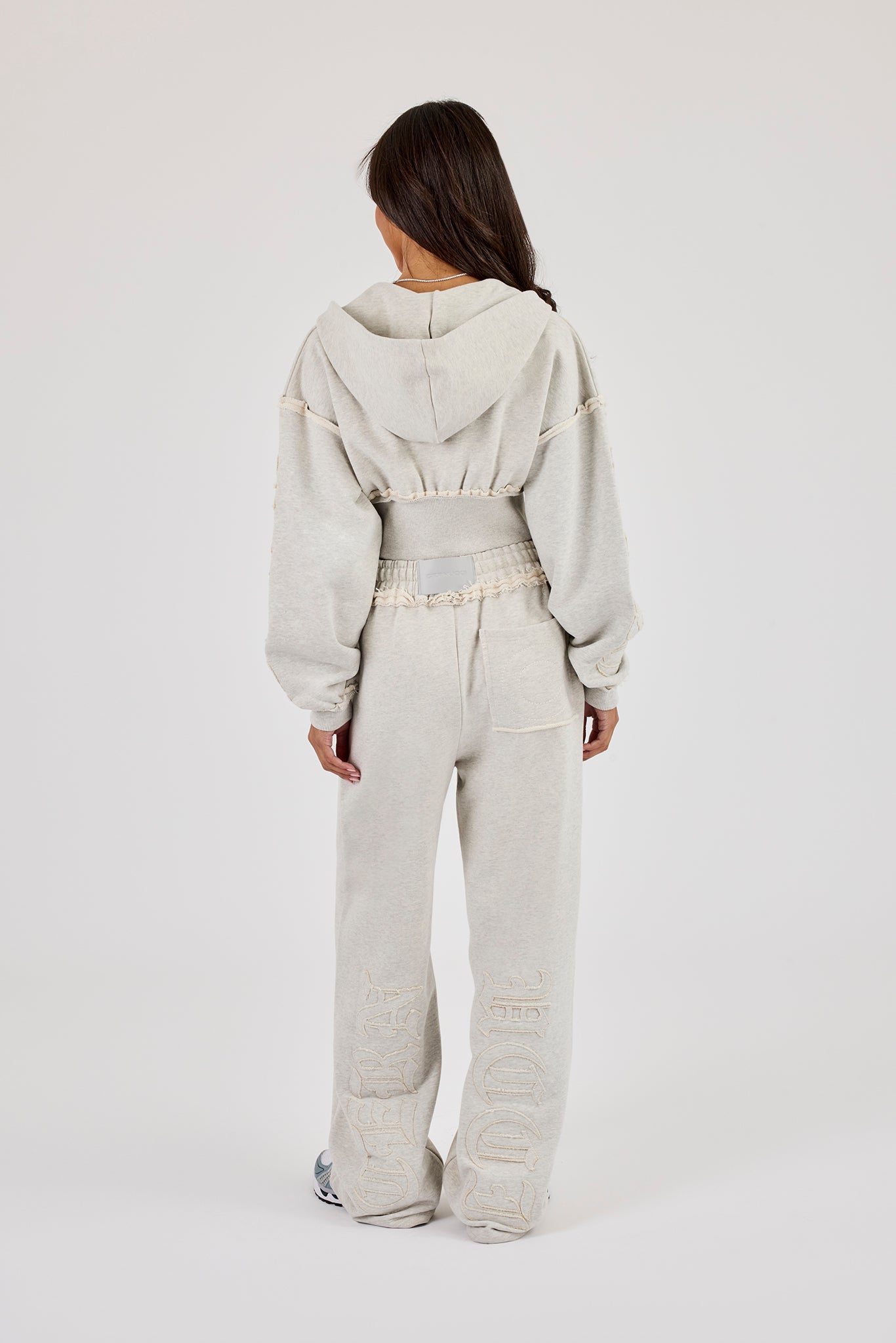 Raw Edge Applique Cropped Zip Through Hoodie & Wide Leg Jogger - Ash Grey